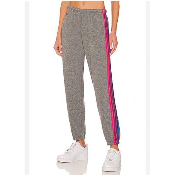 Aviator Nation Women's Small 5 Stripe Sweatpants in Heather Grey & Pink - Picture 1 of 9